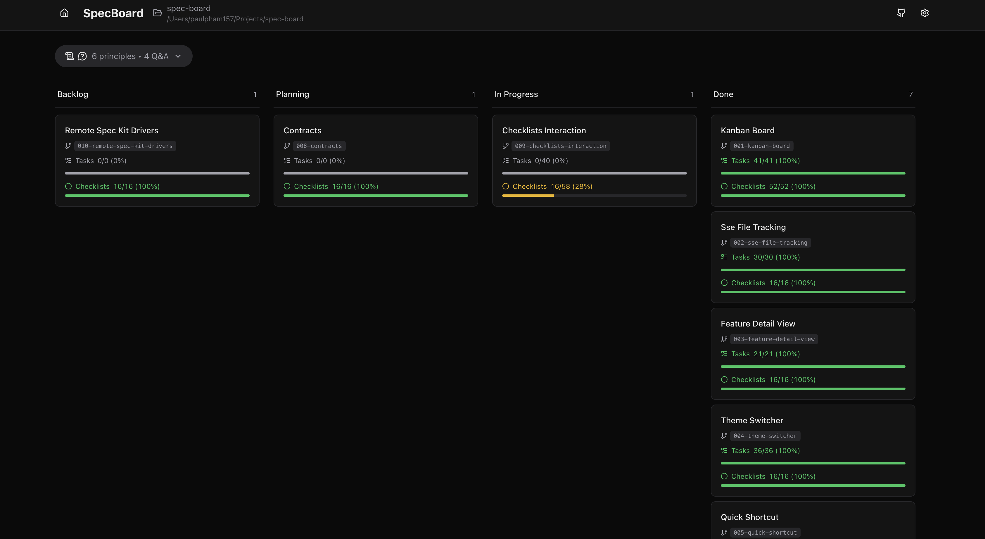 SpecBoard Kanban dashboard showing feature cards organized in columns