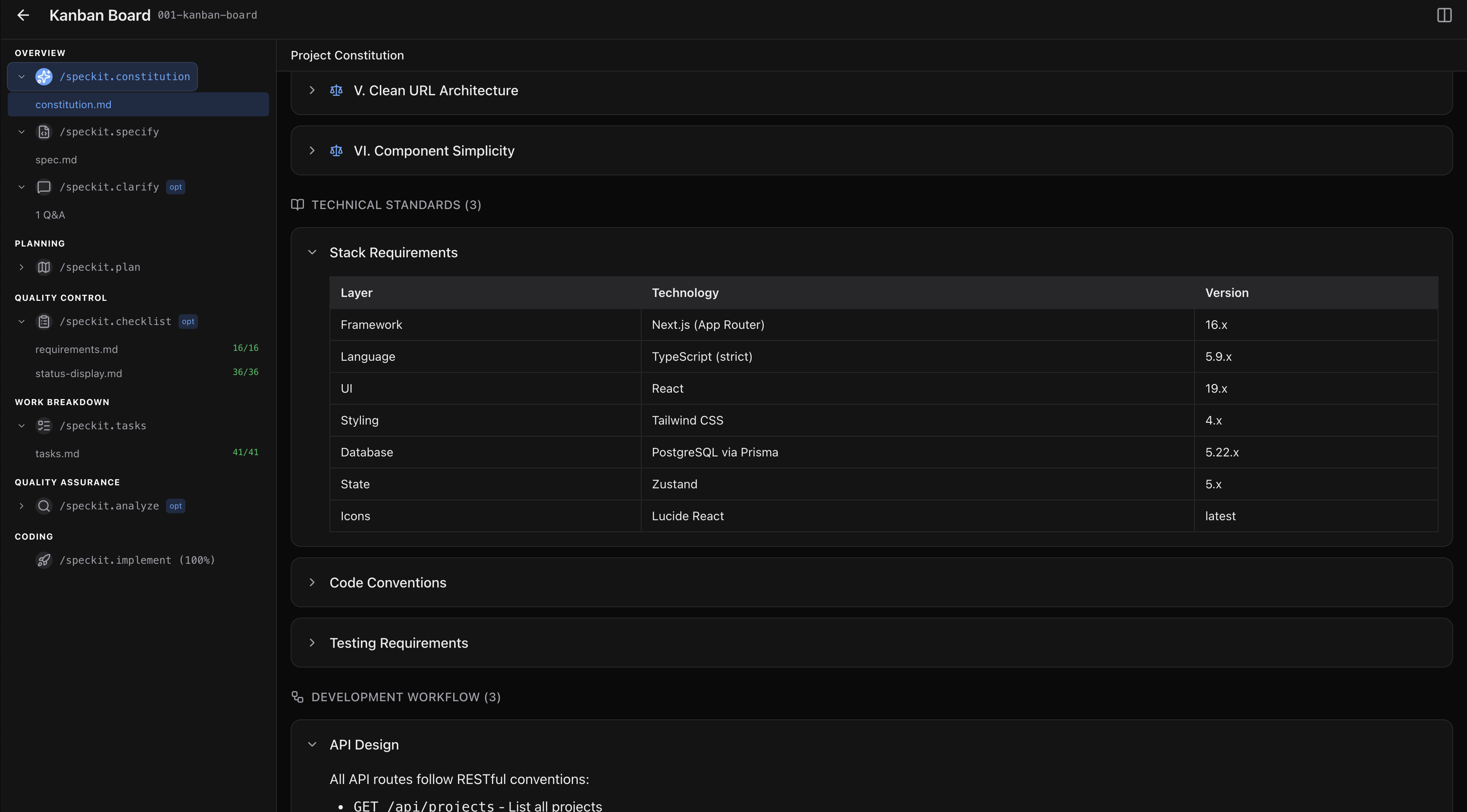 Project constitution with stack requirements