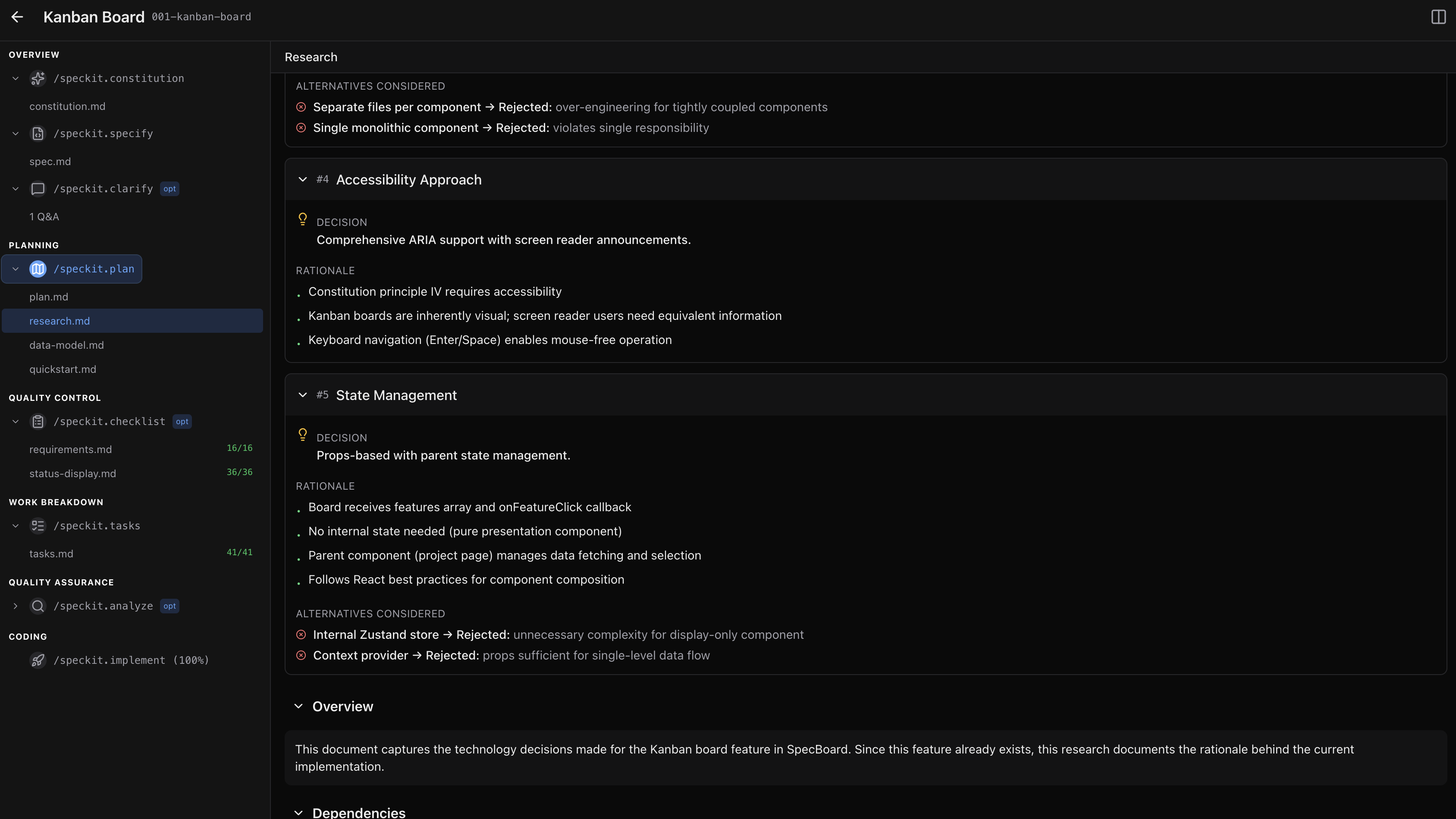 Research view with architecture decisions