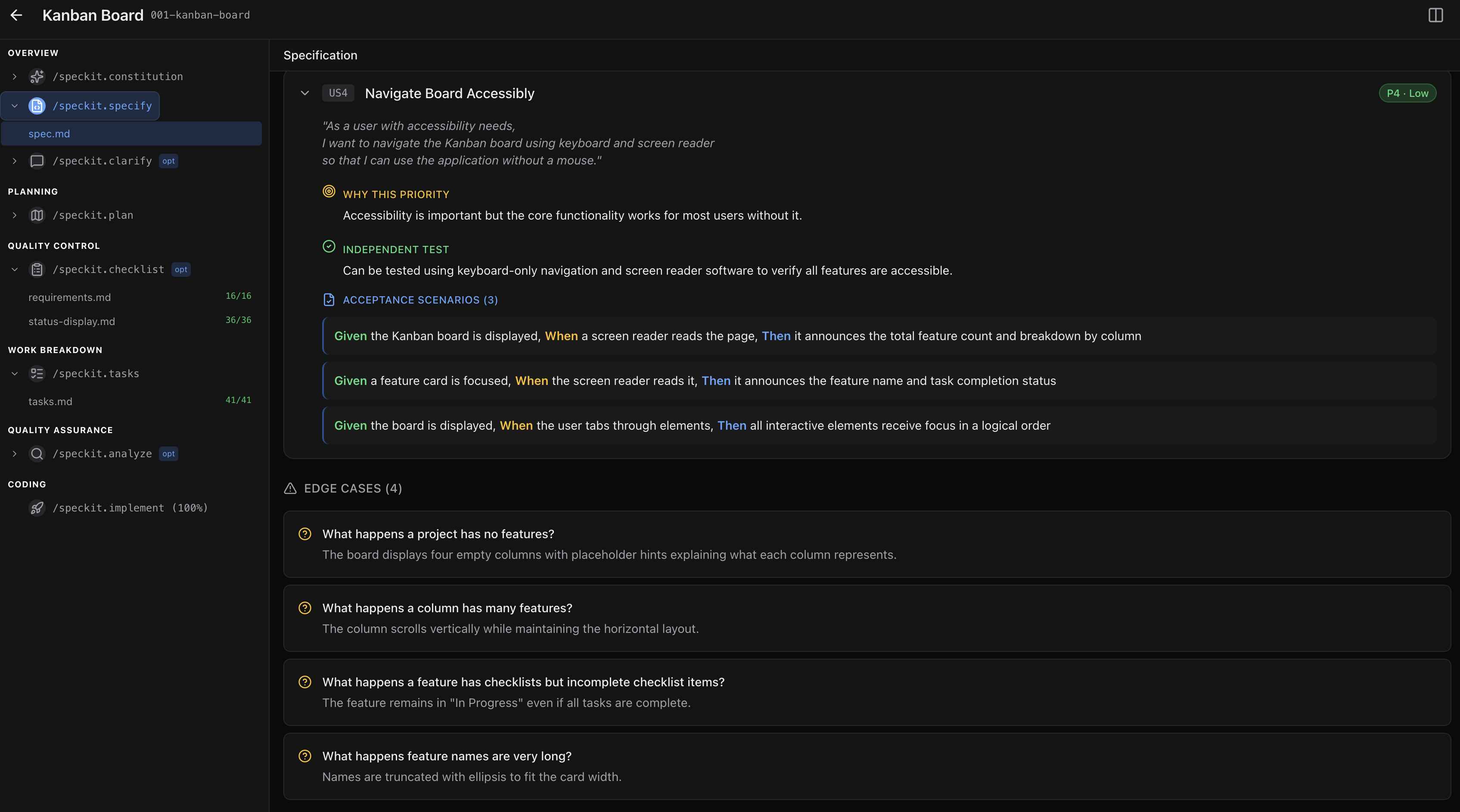 Specification editor with user stories and acceptance scenarios